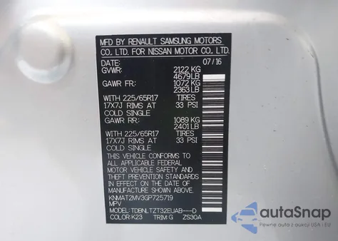 2016 Nissan Rogue Sv z USA, uszkodzony, nr VIN KNMAT2MV3GP725719